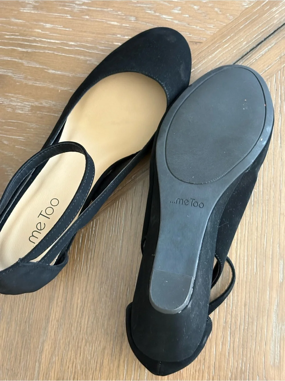me too Black Suede Ankle-Strap Wedge Shoes